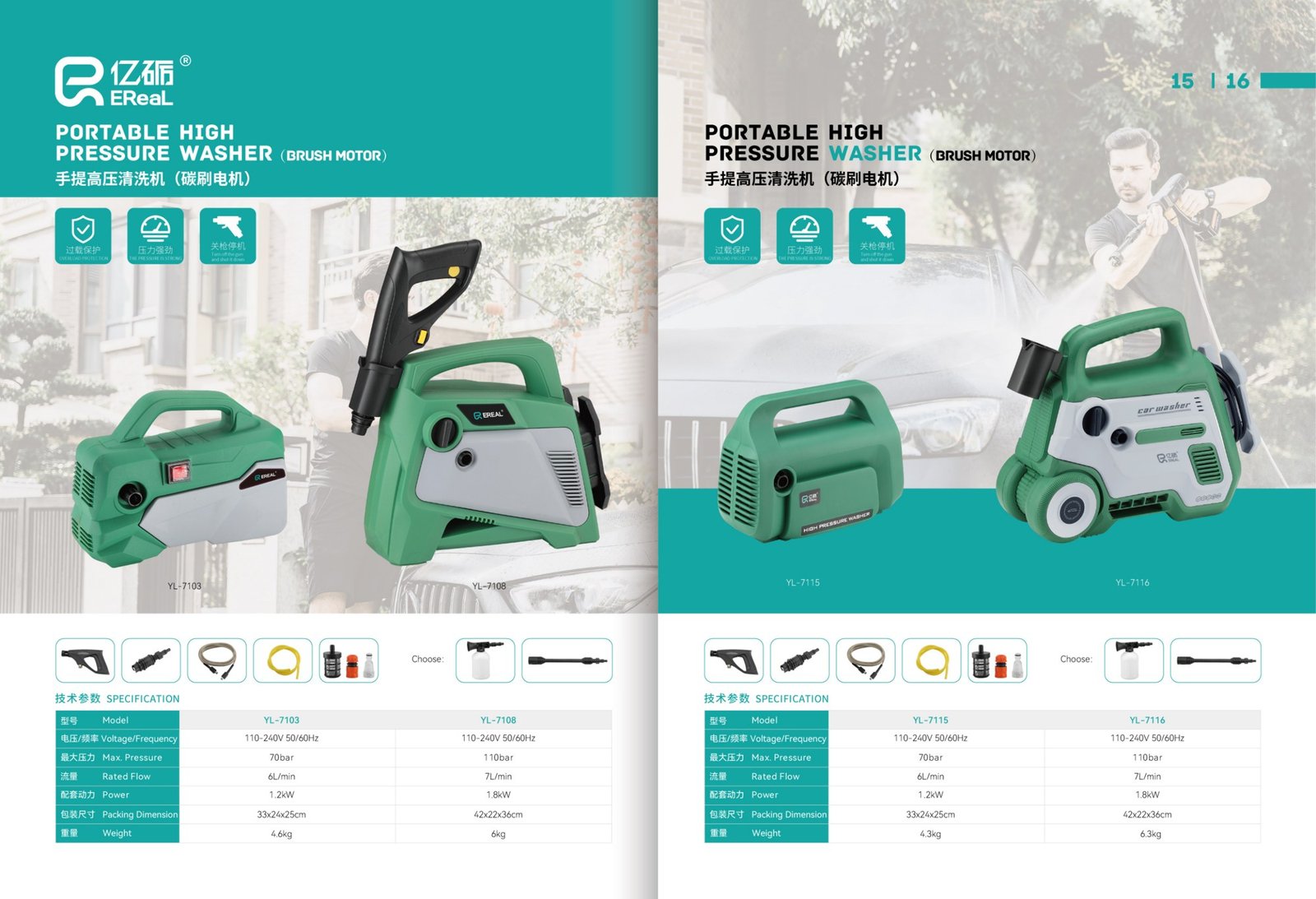 Aparate de spalat cu presiune EReal · YL-7103 / YL-7108 / YL-7115 / YL-7116 — fisa tehnica a producatorului